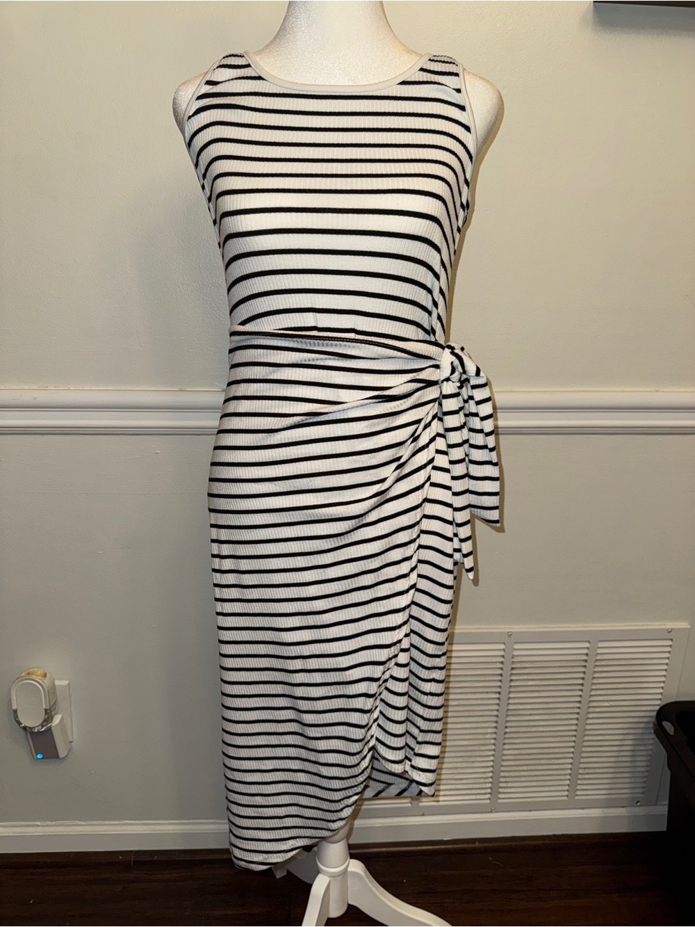 Black White Striped Faux Wrap Tie Midi Dress Size M